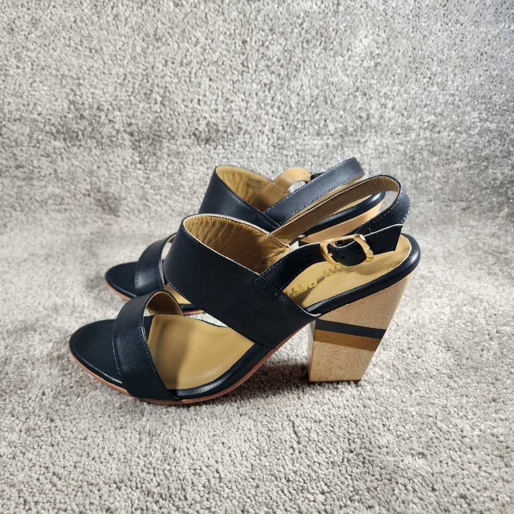 Nina Payne Elena Sandals Black Leather Striped Wood Block Heel Womens 40 (9.5)